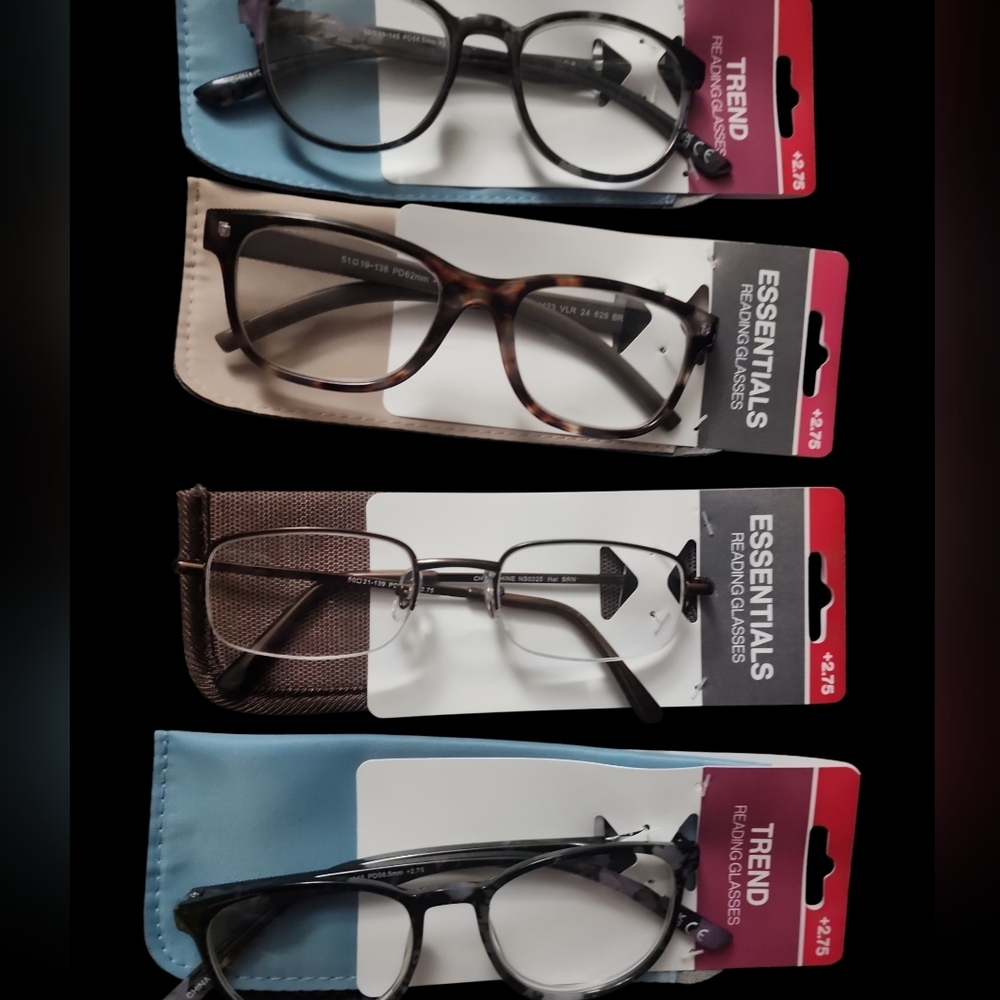 Set of Four Pair +2.75 Trend and  Essentials Reading Glasses with cases.  NWT